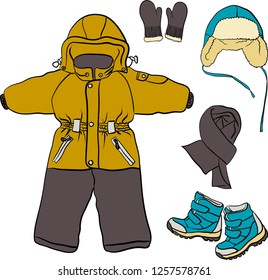 Vector illustration of children's winter clothes for boy in yellow, gray and blue colors