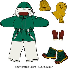 Vector illustration of children's winter clothes for boy in green, yellow, tofu and brown colors