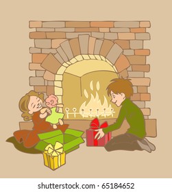 Vector illustration of childrern sitting by the fireplace and checking boxes with presents