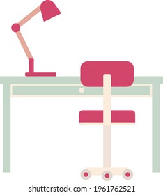 Vector illustration of a child's desktop. Lesson table, school place. Table for writing homework for a girl. Schoolboy workplace on a white background. 