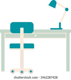 Vector illustration of a child's desktop. Lesson table, school place. Table for writing homework for a boy. Schoolboy workplace on a white background.