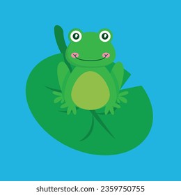 Vector illustration of a child's drawing of a little green frog smiling on a lily pad.