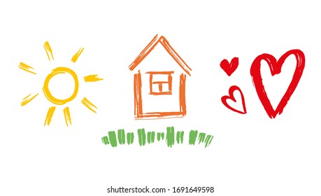 Vector illustration of child's drawing, sun, home and hearts