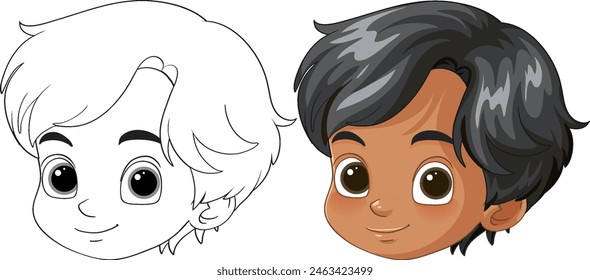 Vector illustration of a child's face, colored and sketched