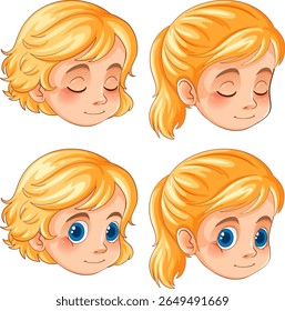 Vector illustration of a child's face with various hairstyles, featuring bright colors and expressive eyes