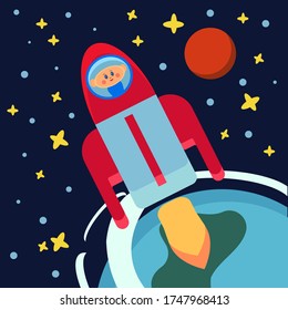 vector illustration of a child's first flight into space for children's magazines and books