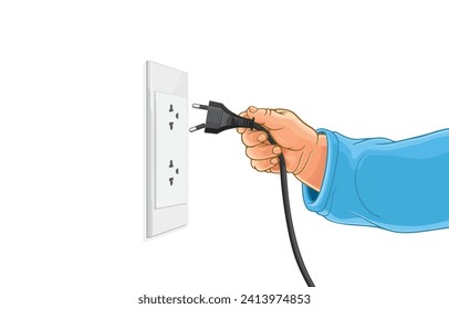 ilustración vectorial de la mano del niño sujetando un enchufe eléctrico roto con contactos de anclaje doblado de enchufe eléctrico, aislados en blanco.A los niños les gusta jugar sin peligro de choque eléctrico.Amenazador de la vida.