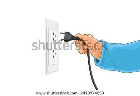 vector illustration of child's hand holding broken electrical plug with bent,broken pin contacts of electric plug,isolated on white.Children enjoy playing safely from electric shock.Life threatening.