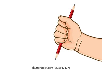 Vector illustration of child's hand holds pencil with sharp tip on both sides, double sided pencil, isolated on white background,correct pencil grip practice,fun study,children back to school Concept.