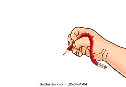 Vector illustration of child's hand holds bent pencil or flexible writing pencil with metal and red eraser tip, isolated on white , correct pencil grip practice, fun study, children back to school.