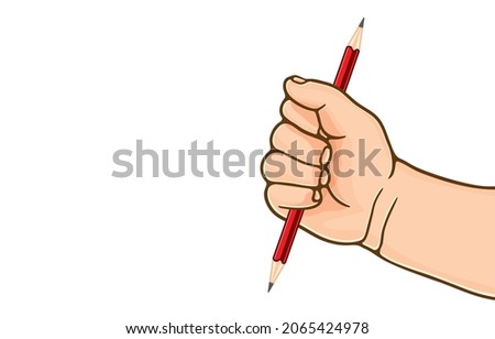Vector illustration of child's hand holds pencil with sharp tip on both sides, double sided pencil, isolated on white background,correct pencil grip practice,fun study,children back to school Concept.