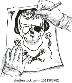 Vector illustration of child's hands with funny skull pattern.