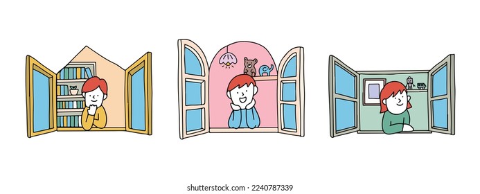 Vector illustration of child's personality concept. Kids in window frames.