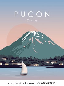 Vector illustration. Chile, Pucon. Design for postcard, poster, banner, packaging design. Flat design. Cartoon style.