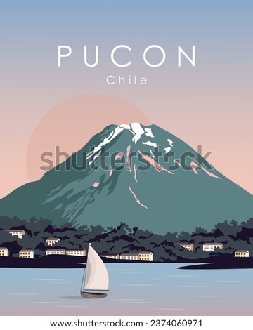 Vector illustration. Chile, Pucon. Design for postcard, poster, banner, packaging design. Flat design. Cartoon style.