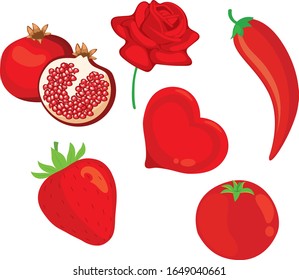 Vektorillustration Illustration von Chilis, Herz, Erdbeere, Rose und Granatapfelsäure.