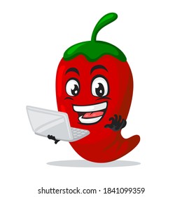 Vektorgrafik von Chilimaskottchen oder Zeichenpräsentation mit Laptop