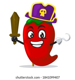 vector illustration of chilli mascot or character wearing pirates costume and holding wooden sword