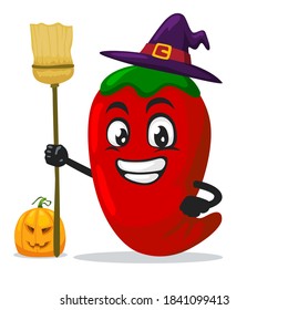 vector illustration of chilli mascot or character wearing witch costume and holding broom