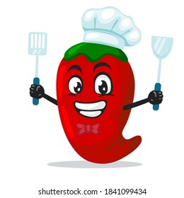 vector illustration of chilli mascot or character wearing chef hat and holding spatula