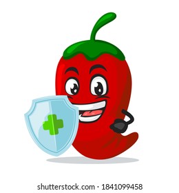 vector illustration of chilli mascot or character holding shield for protection