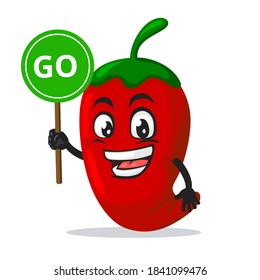 vector illustration of chilli mascot or character holding sign says go