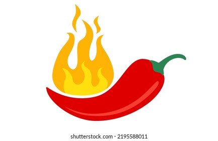 Vector illustration of chilli pepper with fire. Vector icon of red chili pepper on isolated background. Extra spicy food.