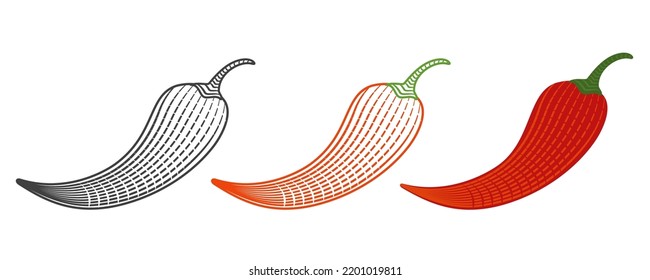 Vector illustration of chilli pepper with fire in engraving style. Vector icon of red chili pepper on isolated background in vintage style. Extra spicy food.