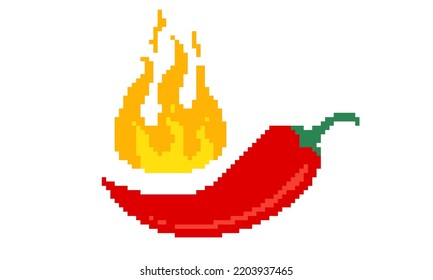 Vector illustration of chilli pepper with fire in pixel art style. Vector icon of pixilated red chili pepper on isolated background. Extra spicy food.