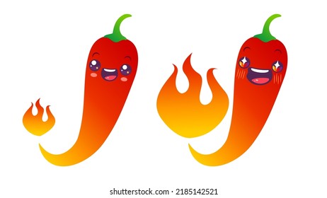 Vector illustration of chilli pepper and flame in kawaii style. Vector icon of red chili pepper with fire on isolated background.