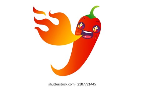 Vector illustration of chilli pepper and flame in kawaii style. Vector icon of red chili pepper with fire on isolated background.