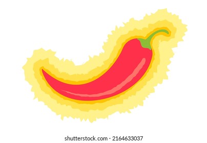 Vector illustration of chilli pepper on fire. Vector vintage poster of red chili pepper with flame. Extra spicy food.