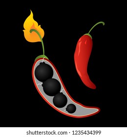 Vector illustration.Red chilli pepper whole, sliced with bomb inside isolated on black background.