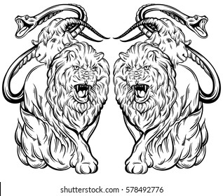 Vector illustration of chimera made in hand drawn style. Mythological magic religion motif, tattoo design element. Heraldry and logo concept art. Template for card poster banner print for t-shirt.