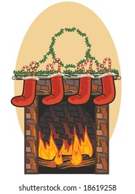 vector, illustration of a chimney with Christmas stockings