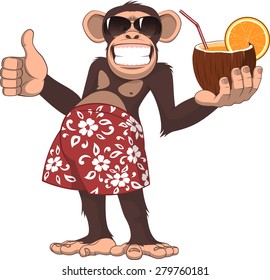 Vector illustration, chimpanzee holding a cocktail and smiling