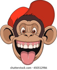 Vector illustration chimpanzee monkey head in a cap, laughing and showing tongue