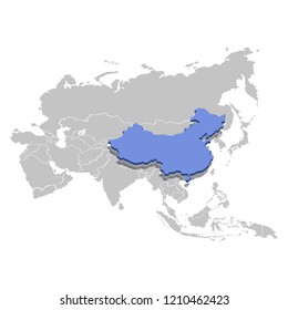 Vector illustration of China in blue on the grey model of Asia map.