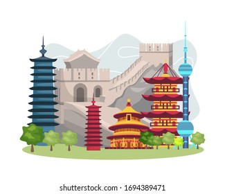 Vector illustration China Landmark. Travel China panorama background, Travel concept with landmarks vector. Famous China travel places and explore China travel landmarks. Vector in flat style