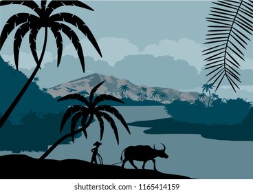 vector illustration of China with man with buffalo in jungle rainforest wetland