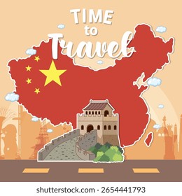 Vector illustration of China map with Great Wall, vibrant colors, and travel theme. Ideal for tourism promotions and educational materials