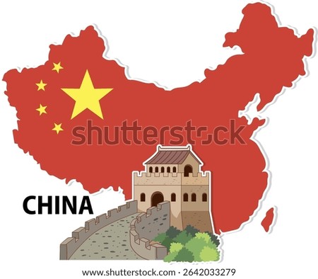 Vector illustration of China map with Great Wall, featuring bold colors and simplified design elements