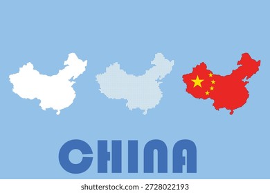 Ilustración vectorial de iconos de mapas de China en varios estilos, incluyendo sólido, relleno de bandera y punteado sobre un fondo azul, perfecto para uso global o de negocios.