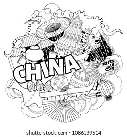 A vector illustration of China symbols in colorful cartoon style. Perfect for cards, posters, banners, coloring book 