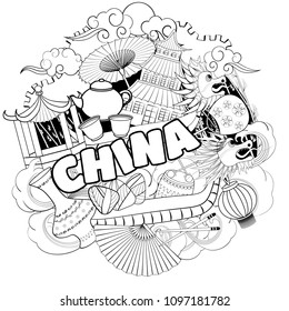 A vector illustration of China symbols in colorful cartoon style. Perfect for cards, posters, banners, coloring book.