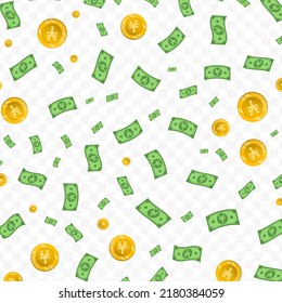 Vector Illustration Of China Yuan Currency. Random Pattern Of Banknotes And Coins In Green And Gold Colors On Transparent Background (PNG). 