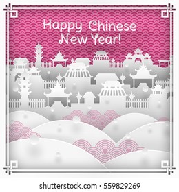 Vector illustration of chinatown silhouette on pink outdoor background with oriental vintage pattern frame for chinese new year greeting card, paper cut out style