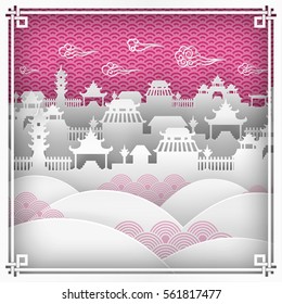 Vector illustration of chinatown silhouette on pink outdoor background with oriental vintage pattern frame for chinese new year greeting card, paper cut out style