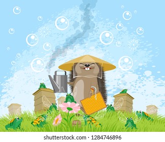 Vector illustration of Chinese beekeeper hedgehog on apiary