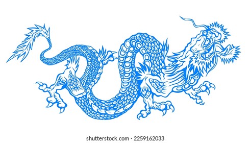 Vector illustration of a Chinese blue dragon. Tattoo of blue Asian dragon.